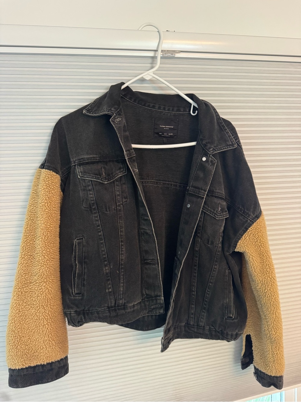 Zara Black Denim Jacket with Tan Sherpa Sleeves